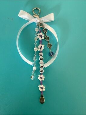 Personalized Bride Beaded handbag/keychain Charm with White Ribbon